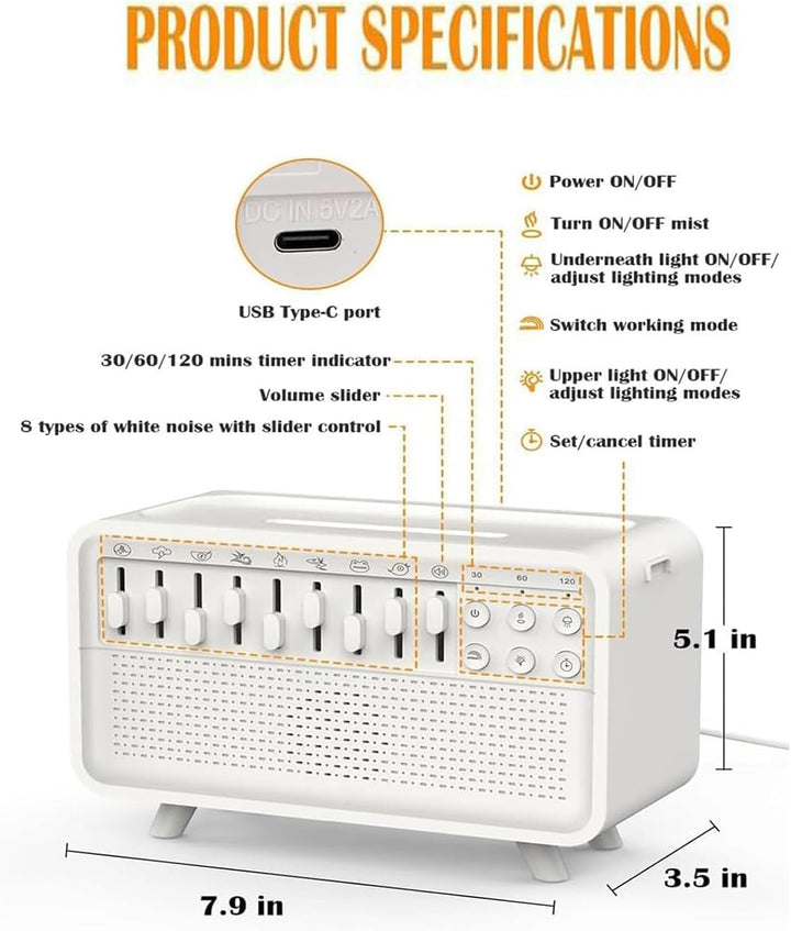 White Noise Night Light Humidifier, Bulora Sound Box White Noise Sound Machine, Sleep Sound Machine with 8 Soothing Sounds & 11 Color Night Lights, Bluetooth Wireless Speaker & Timer for Home Office
