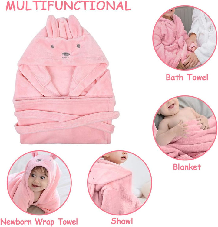 Baby Bathrobe for Girls, 3D Pink Rabbit Dressing Gown, Super Soft Flannel Hooded Bath Towel, Animal Bath Robe Sleepwear for 0-3 Years