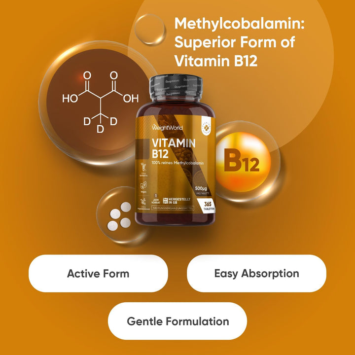 Vitamin B12 500Mcg | Vegan | 365 B12 Vitamin Tablets (1 Year Supply) | 100% Pure Methylcobalamin Tablets | Gluten-Free | Made in the UK