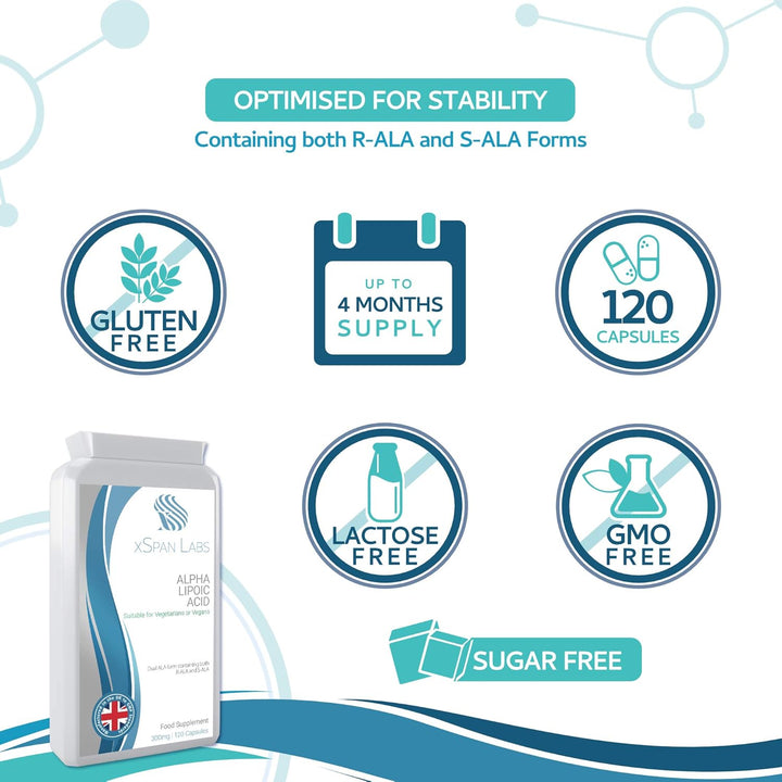 Alpha Lipoic Acid 300Mg 120 Capsules – Dual ALA (Both R-ALA and S-ALA) – a UK Manufactured Powerful Antioxidant
