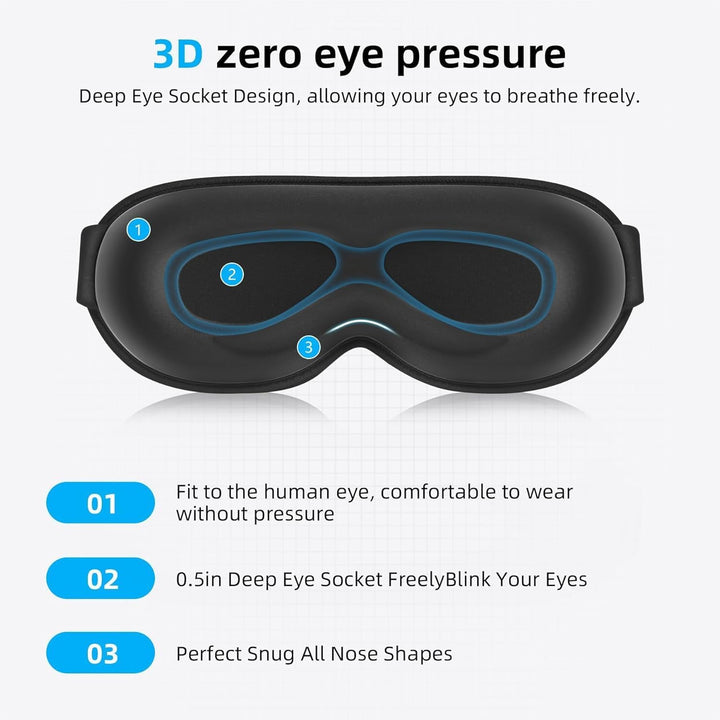 100% Blackout Sleep Mask for Women Men, Zero Eye Pressure Eye Mask, Sleeping Mask for Side Sleepers, Lycra Fabric 3D Contoured Cup Blindfold with Adjustable Strap for Home/Work, 3D Black