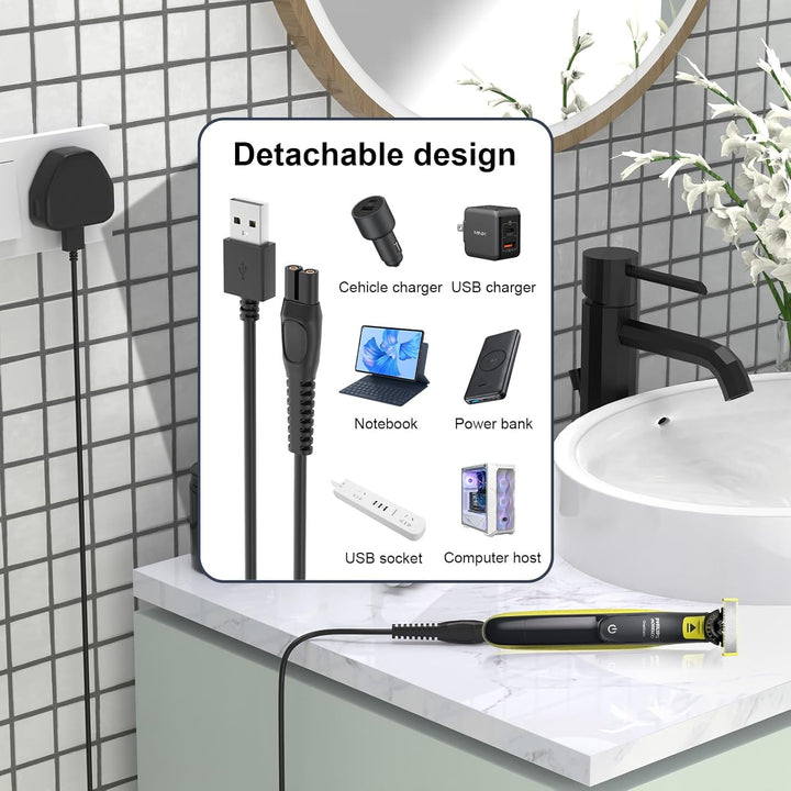 5V Shaver Charger Compatible with Philips One Blade QP2824, QP2834, QP2724, QP2734, QP1924, X3053, MG5910, MG7910, S3145, 3000X, 5000X, MG9510, X5006, PQ888, Charging Shaver Power Cable