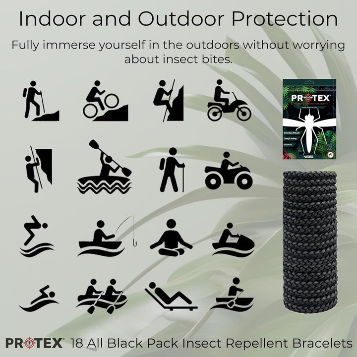 18 Black Insect Repellent Bracelets, Adjustable Leather Deet-Free Wrist Bands, Effective Protection, Insect Mosquito Repeller Bands for Adults & Kids, Resealable 18 Pack.