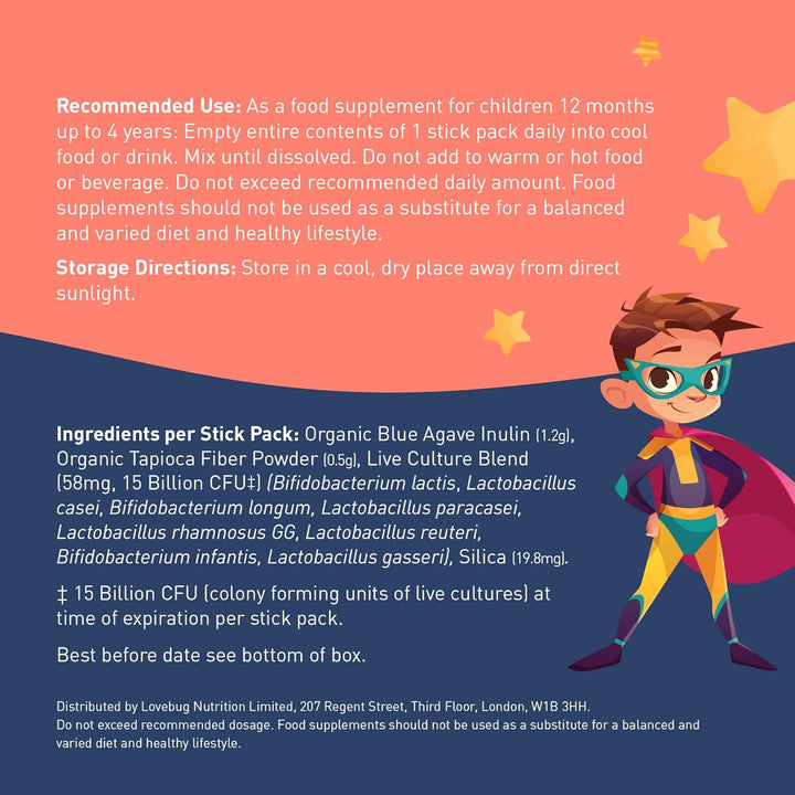 Kids Probiotic Powder - 15 Billion CFU Multi-Strain Formula - Friendly Bio Cultures to Support Gut Health for Children & Toddlers Aged (12 Months to 4 Years) - 30 Unflavoured Sachet Pack