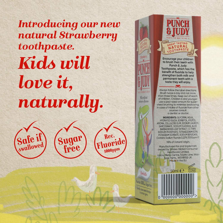 Punch & Judy Kids Natural Toothpaste, Strawberry Flavour, 6+ Months, Natural Ingredients, Fluoride, Sugar Free 50Ml (Pack of 1)