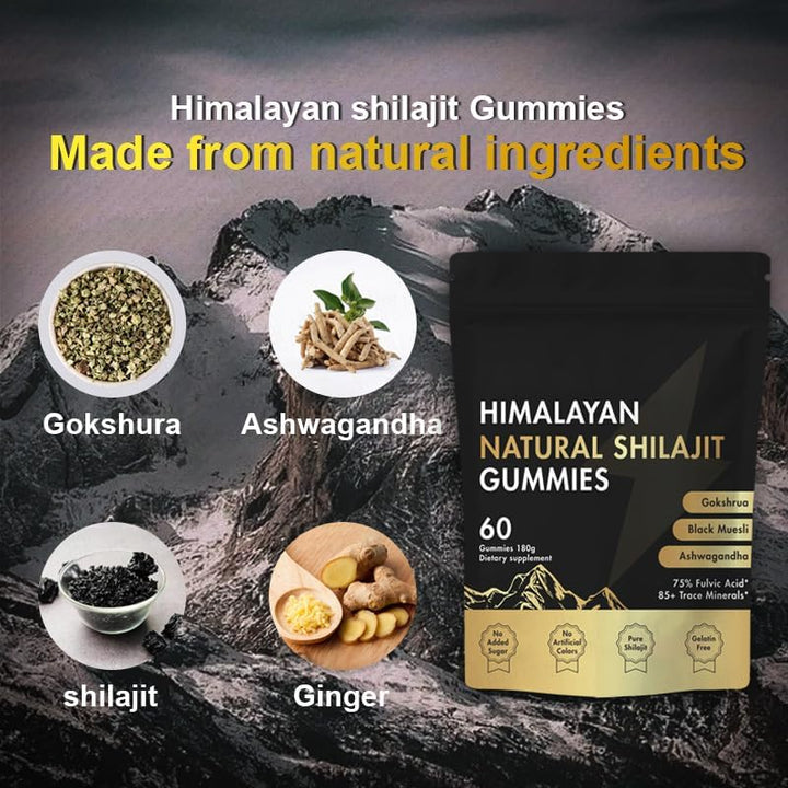 Shilajit Himalayan Gummies, Ashwagandha, and Gokshura | over 85 Trace Minerals and Humic Acids | Organic and Non GMO Micronutrient Supplements for Men and Women