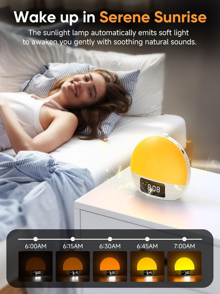 Sunrise Alarm Clock, Wake-Up Light, 9Min Snooze, Bedroom Night Lamp, 25 Soothing Sounds with 16 Volumes, Weekday/Weekend Dual Alarms, Child/Adult Sunset Alarm, Adjustable BT Party/Gathering Lamp