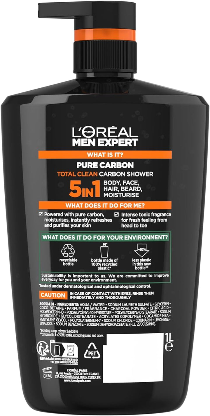 L'Oréal Men Expert Hydra Energetic Carbon 5-In-1 Shower Gel for Men - Ultimate All-In-One Body, Face, Hair, Shave & Moisturizer Wash, Magnet-Like Cleansing for Deep Clean & Fresh Feel, XXL 1L