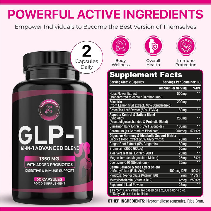 GLP-1 Support 1350Mg, Appetite & Weight Control, Gut Health Support, Natural GLP Supplement with Added Probiotics - 60 Capsules