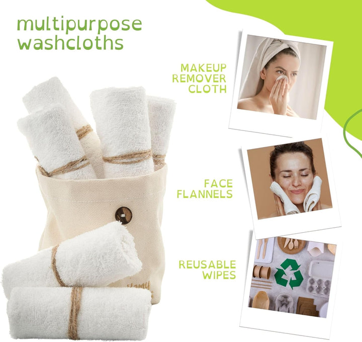 Bamboo Baby Wash Cloth Flannel Face Cloth Pack of 6 25X25Cm Extremely Soft Baby Flannels Face Towels for Sensitive Skin - Decorative 100% Cotton Storage Bag - Reusable Wipes