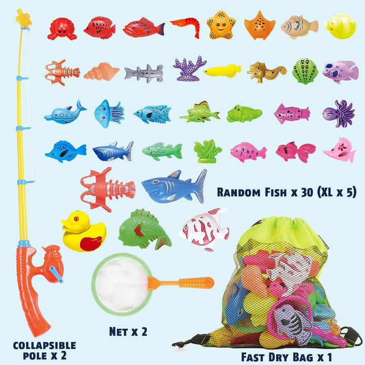 Magnetic Fishing Toys Game Set for Kids for Bath Time Pool Party with Pole Rod Net, Plastic Floating Fish - Toddler Education Teaching Christmas Birthday Gifts