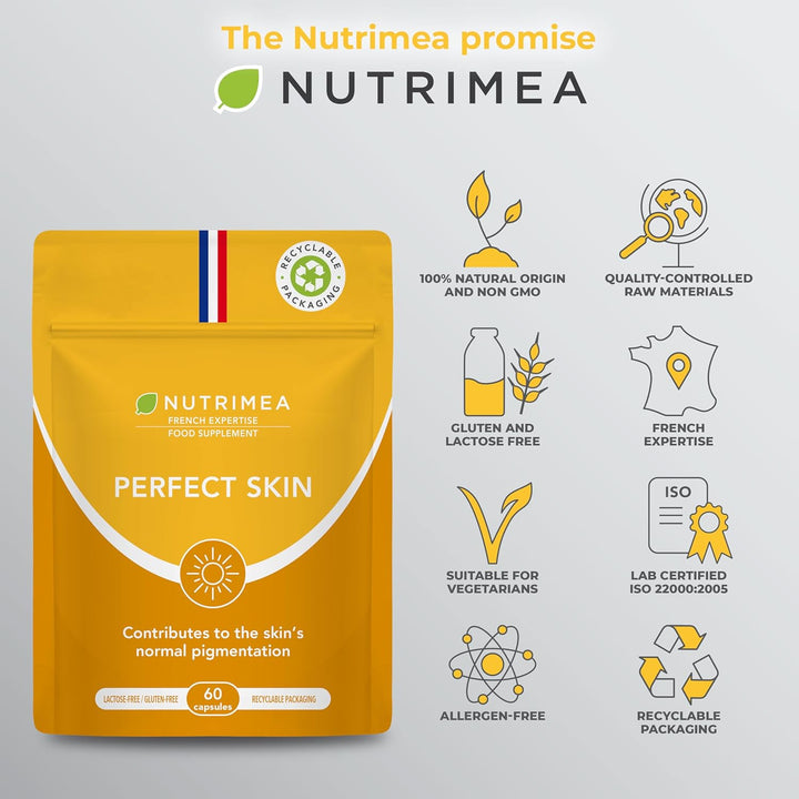PERFECT SKIN - Tanning Accelerator Tablets - Natural Sun Protector - Bronzed Glow - 60 Vegan Capsules - Beta Carotene and Burdock - French Expertise - Nutrimea