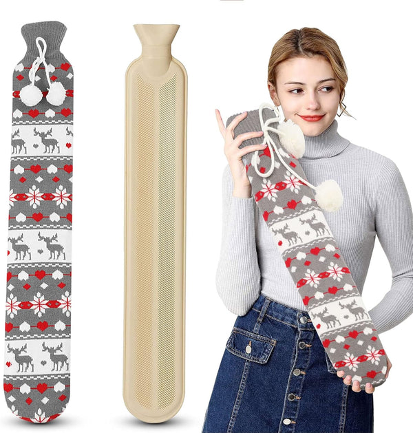 Long Hot Water Bottle with Soft Cover, Pure Natural Rubber Hose Warm Hot Water Bottles Neck Hot Water Bottle with Cover Warmer for Neck Shoulder Legs Body