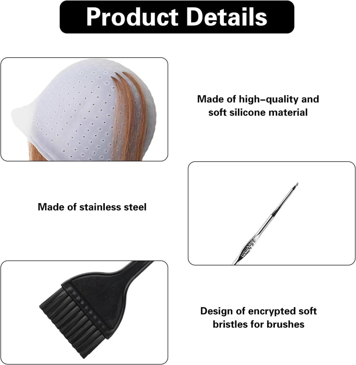 1 Pcs Silicone Pre-Punched Hair Highlighting Cap for Colouring and Streaking, with 5 Coloring Brushes and 1 Needle, for Salon Use.