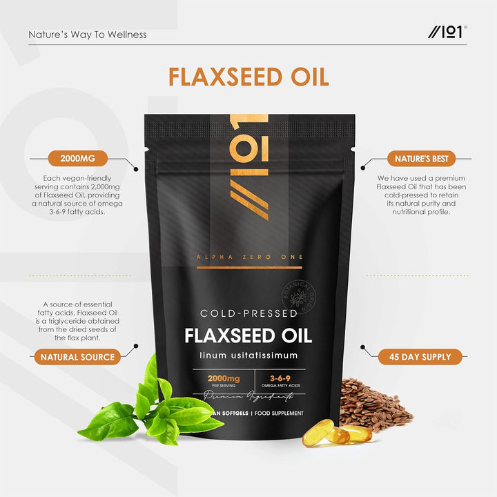Flaxseed Oil 2000Mg – 90 Vegan Softgels – Cold-Pressed with Omega 3-6-9 – Pure & Potent Linum Usitatissimum - Resealable and Recyclable Pouch by