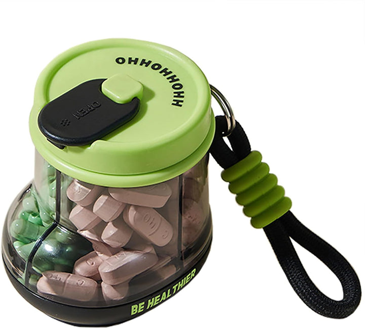 Small Pill Bottle Container, Cute Pill Dispenser with 4 Compartments, round Medicine Dispenser Pocket Purse Vitamin Fish Oil Organizer (Pink)