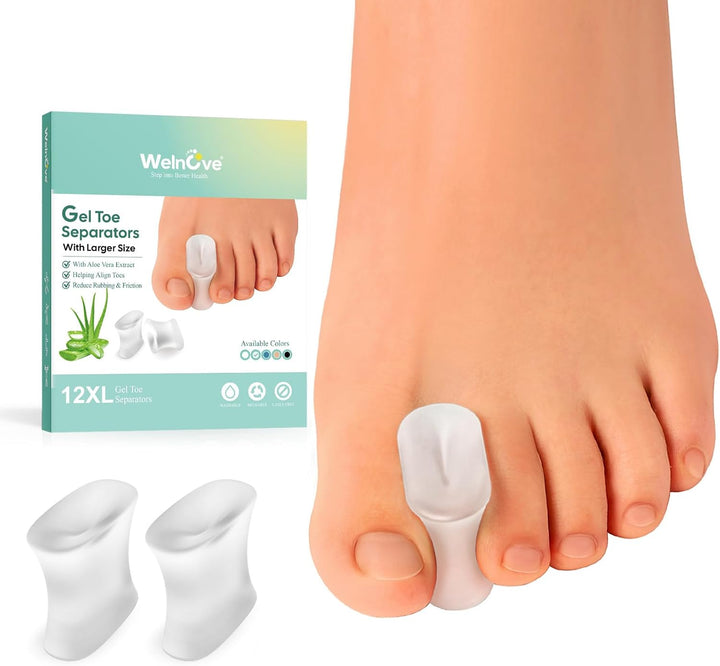 Gel Toe Separators and Bunion Toe Spacers - 12 Pack Toe Spacers with Aloe Vera Extract Infused - Silicone Bunion Corrector for Curled Toes and Overlapping Toes, Calluse