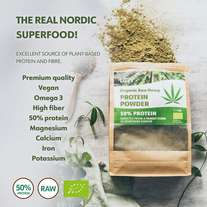 Organic Raw Hemp Protein Powder, 1Kg, 50% Protein, Nutrients Preserved, Delicious Nutty Flavour, Organically Grown in Nordic Climate, Plant-Based Vegan Protein Powder, Non-Gmo