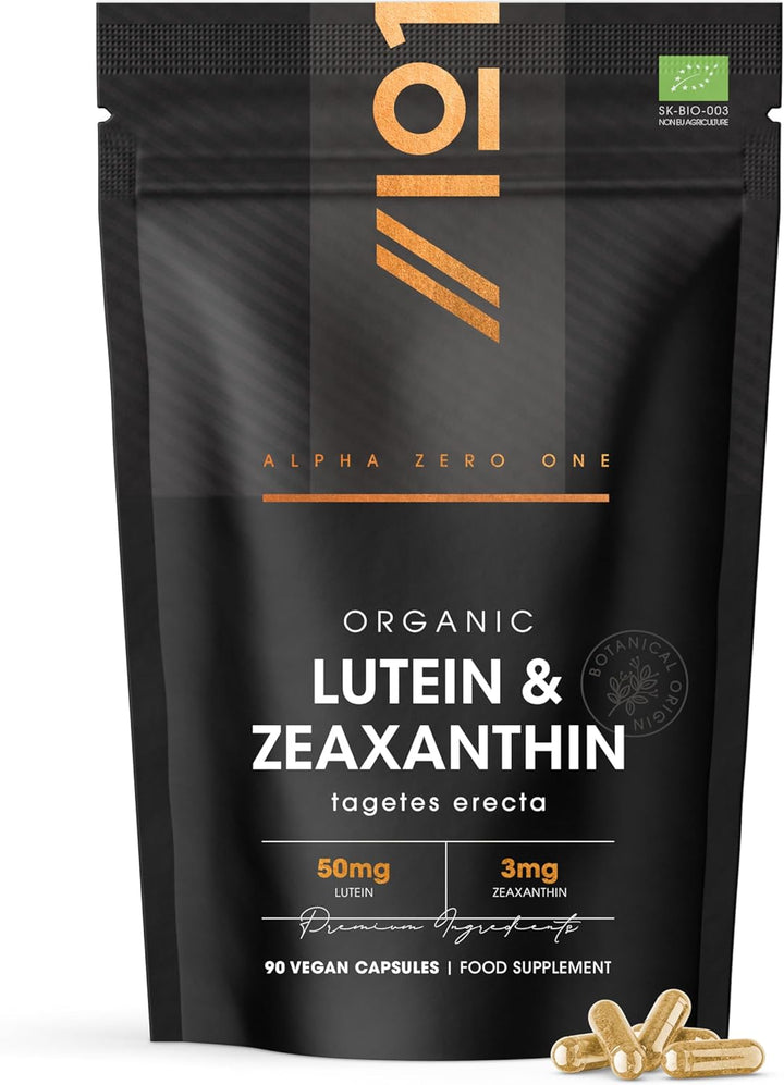 Organic Lutein & Zeaxanthin – 50Mg Lutein & 3Mg Zeaxanthin from Organic Marigold Flower Extract – 90 Vegan Capsules – Resealable and Recyclable Pouch by