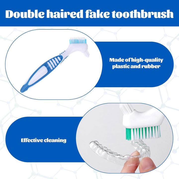 Denture Brush - 4 Pcs Double Bristle Head Toothbrush, False Teeth Brush for Cleaning Retainers (Blue, Purple, Green, Orange)
