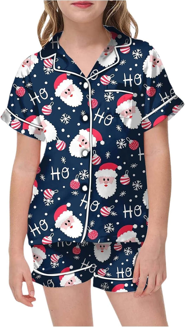Girls Christmas Printed Pajamas Short Sleeved Button Top Shorts Home Set Christmas Hats