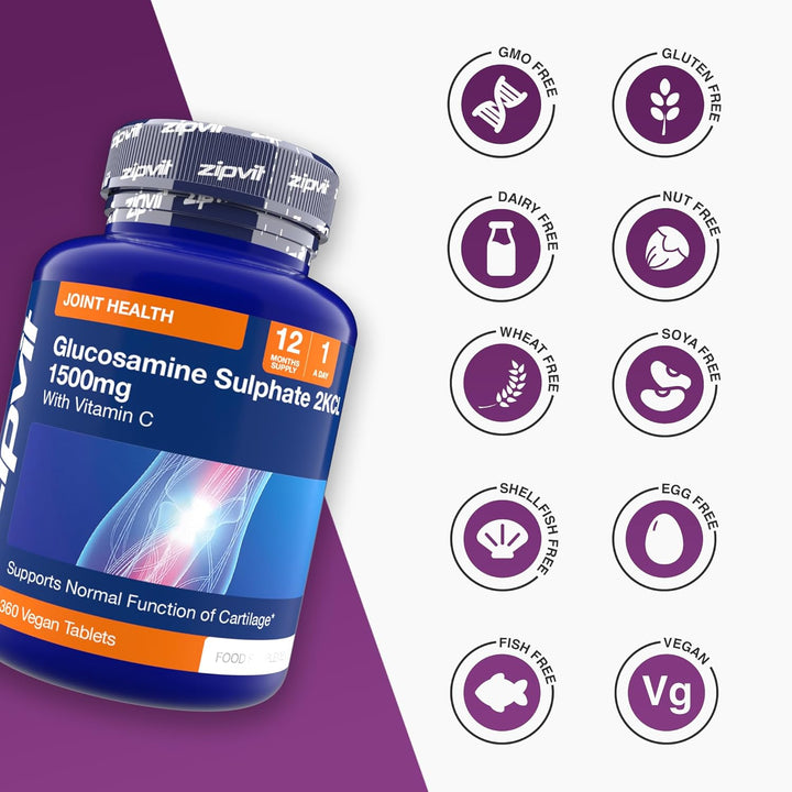 High Strength Glucosamine Sulphate 2Kcl 1500Mg with Vitamin C, 12 Month Supply, Supports Bones and Cartilage Function, 360 Vegan Tablets, Joint Care Supplement for Men & Women