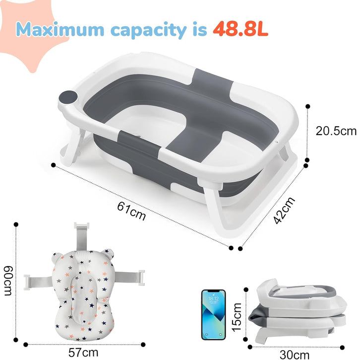 Baby Bath Tub for 0-6-12 Months Newborn, Foldable Toddler Bath with Soft Cushion Pad, Portable Baby Bathtub Travel save Space (Grey)