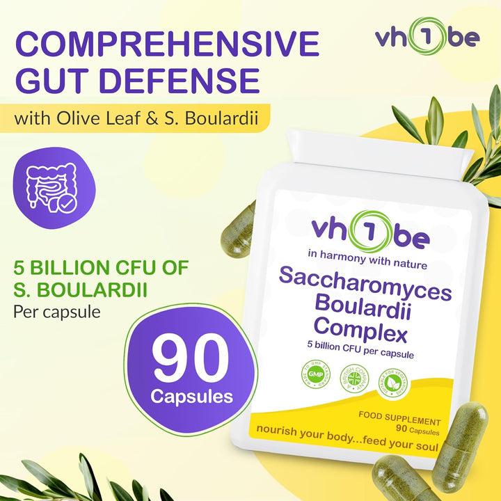 Saccharomyces Boulardii Probiotic – 90 Capsules | 5 Billion Friendly Bacteria with Olive Leaf, Biotin & Vitamin D | Natural Yeast Supplement for Gut Balance & Immune Support | UK Made by