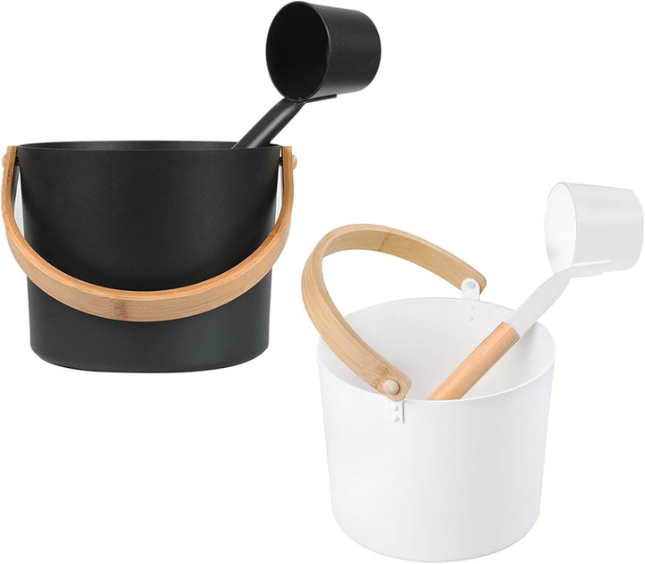 Sauna Bucket - Perr Sauuna Bucket in Wood | Metal Saauna Barrel | Bucket for Waterfall Sauna Shower | Aluminium Bucket with Long Handle Spoon Set Matching Ladle Saauna Barrel