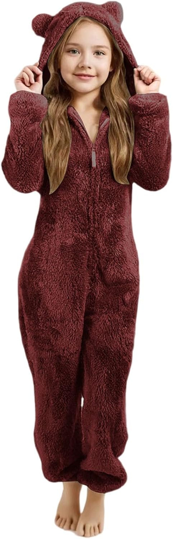 Girls Fleece Hooded Romper Jumpsuit with Ears Soft Warm Winter Pajamas Play Costume for Toddler Kids