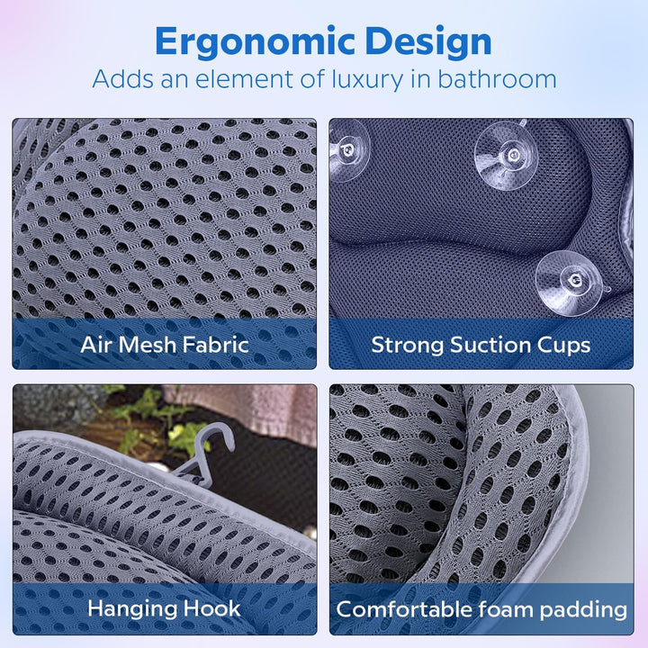 Luxury Bath Pillow, Non-Slip Comfortable Bathtub Pillow with 6 Suction Cups, Ergonomic 4D Air Mesh Headrest Cushion for Head, Shoulder, Neck and Back Support Home Spa Hot Tub Jacuzzi (Grey)