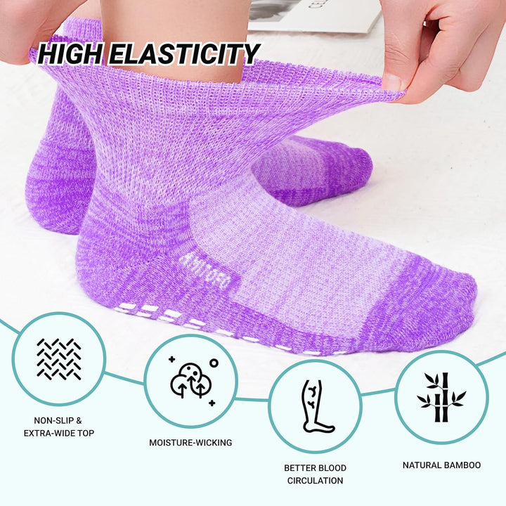 Diabetic Socks for Women Men: Bamboo Extra Elastic Non-Slip Slipper Socks with Padded Wide Top Grip Loose Fit & Breathable Seamless for Swollen Feet Elderly Hospital 6-14 4 Pairs
