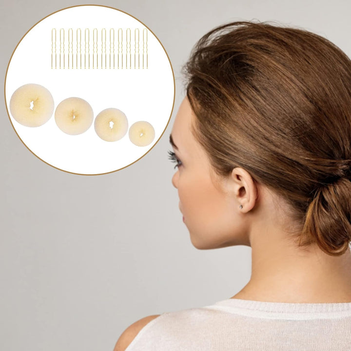 4Pcs Hair Donut Hair Bun Shaper Set,Chignon Bun Maker Hairring Style Accessories for Dancer Ballet Girls,4 Sizes Beige Donut Bun Maker and 12Pcs Golden Bobby Pins,Doughnut Bun Hairaccessories