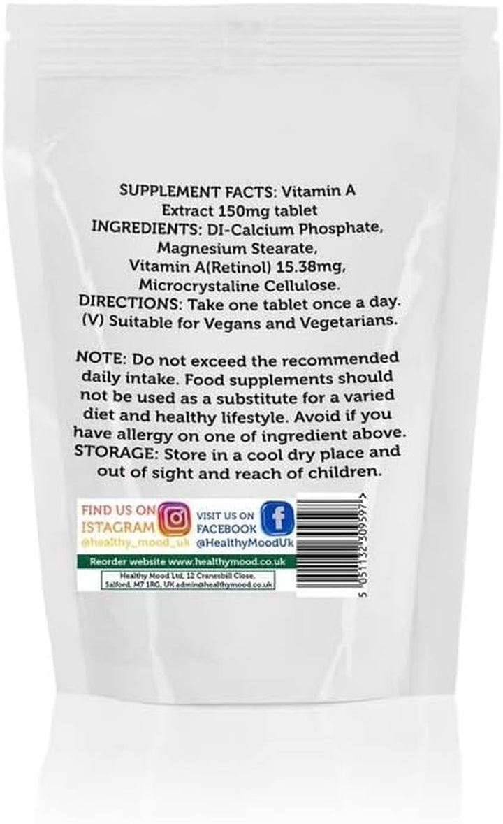 Vitamin a 150Mg 1500Mcg 325,000 Iu/G Tablets - Choose Your Packet Size - Letterbox Friendly UK Fast Delivery - 7 Sample Pack Vision Vitamins Carotenoids Retinol