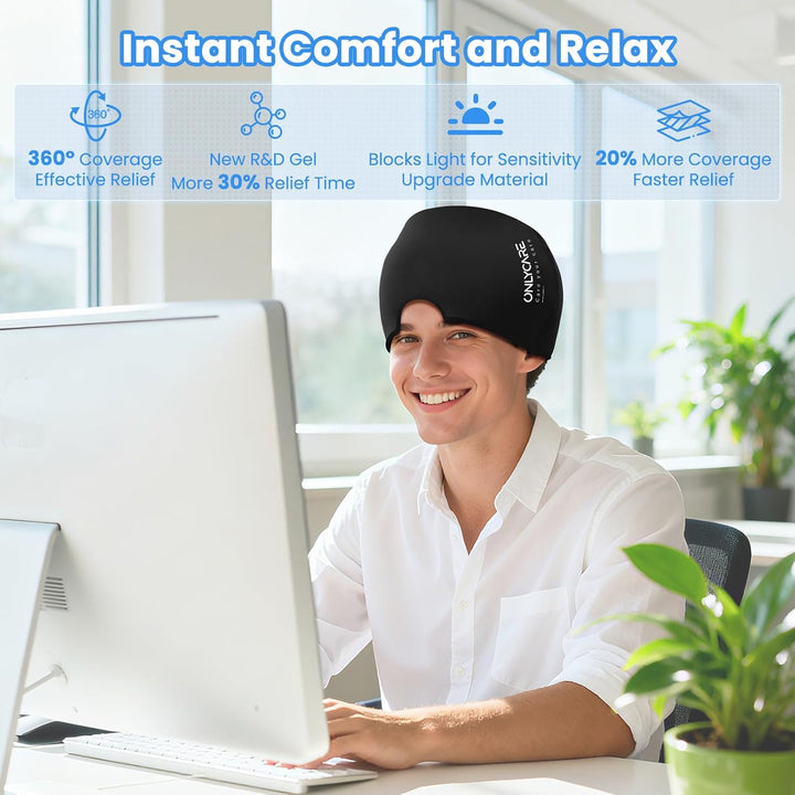 Migraine Relief Cap, Upgraded Odorless Headache Relief Cap, 360° Gel Surround Ice Pack Mask for Migraine, Sinus, Stress, Frontal Headaches (Black)