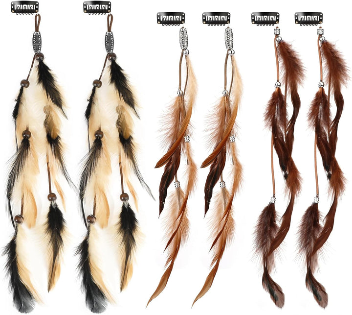 6Pcs Feather Hair Clips, Boho Extensions with Clip Comb, Hippie Accessories for Women, Indian Tassels Beads Feather Piece, Handmade Festival Headdress