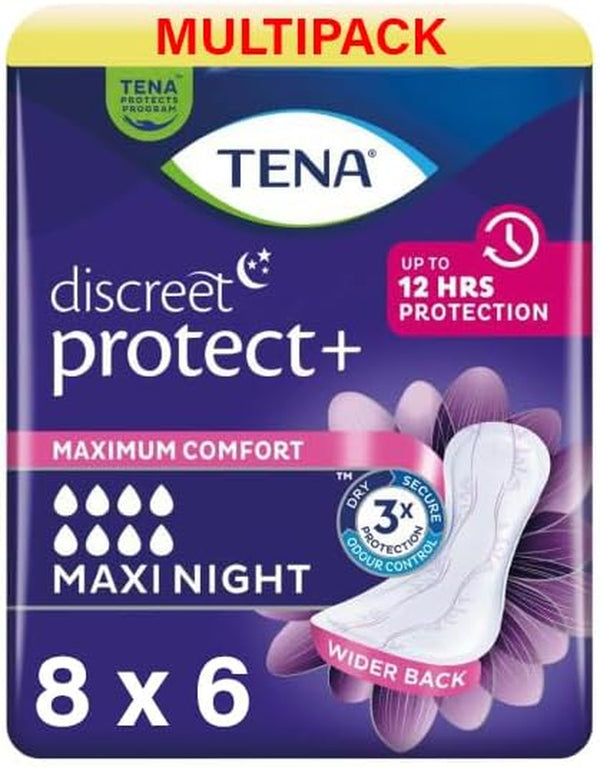 48 X  Lady Discreet Maxi Night Incontinence Pads for Women, 8 Packs of 6, with Medium to Heavy Bladder Weakness, Specifically Designed for Night Time Protection with Wider Back and Extra Length
