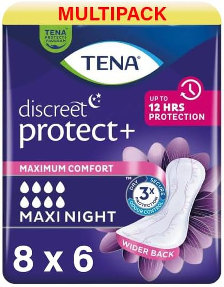 48 X  Lady Discreet Maxi Night Incontinence Pads for Women, 8 Packs of 6, with Medium to Heavy Bladder Weakness, Specifically Designed for Night Time Protection with Wider Back and Extra Length