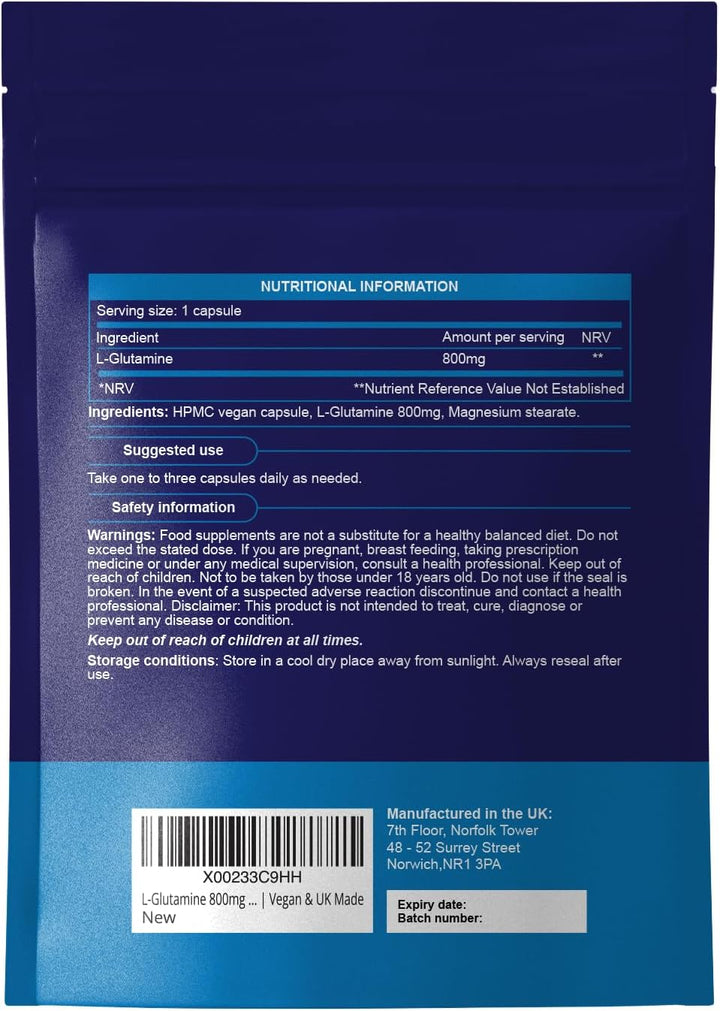L-Glutamine 800Mg Capsules | 90 Capsules per Pouch | L-Glutamine Nutritional Supplements | Supports Muscle and Gut Health | Good Alternative to Powder and Tablets | Vegan & UK Made