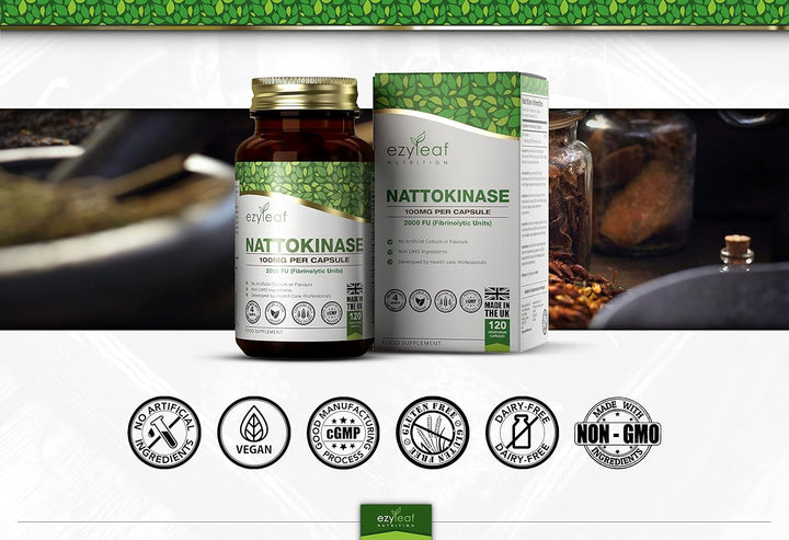 Ezyleaf Nattokinase 100Mg 2000 FU | 120 Vegan Capsules | Protein Enzyme from Japanese Natto | No Artificial Ingredients | ISO Certified, Vegan, Dairy & Gluten Free, Non-Gmo | Manufactured in the UK