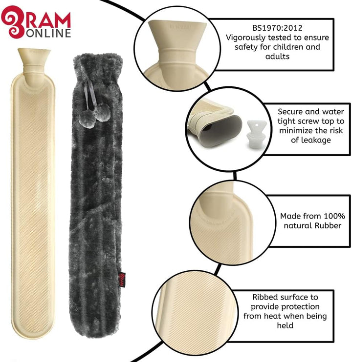 Ram® Extra Long Grey Hot Water Bottle for Back Ache Pain Relief Hot Water Bottle 72CM
