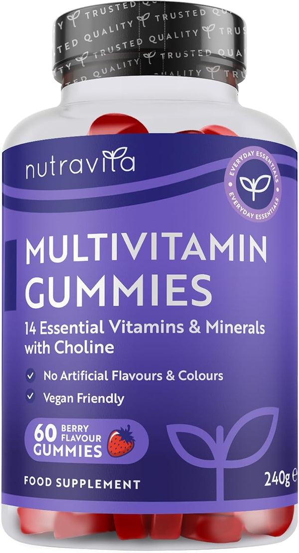 Vegan Multivitamin Gummies for Women & Men – 60 Berry Flavour Chewable Adult Multivitamins (2 Month Supply) Daily Supplement with 14 Vitamins & Minerals Incl. Vitamin C D3 B12 Biotin Zinc