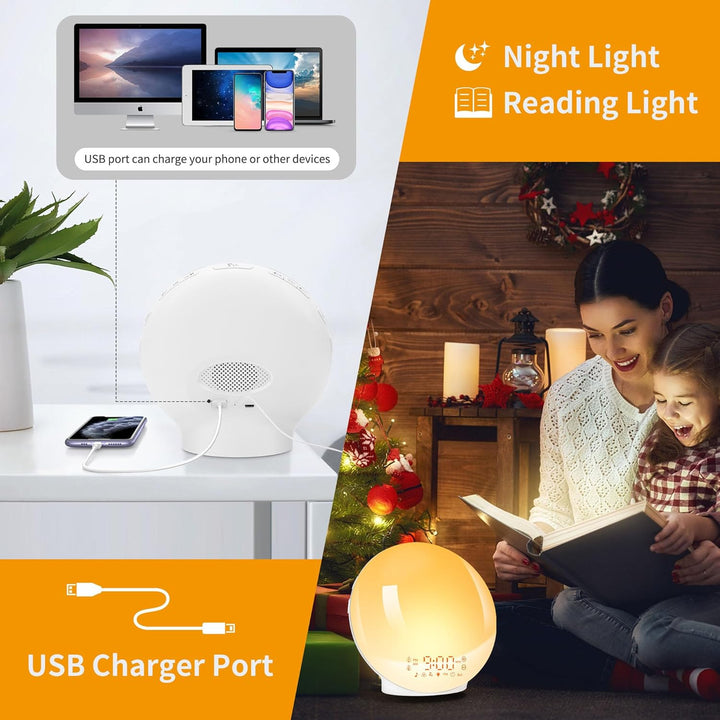 Sunrise Alarm Clocks, Wake up Light with Sunrise/Sunset Simulation Dual Alarms Bedside Night Lamp Snooze Function FM Radio 7 Natural Sound 11 Colorful Atmosphere Lamp(White)