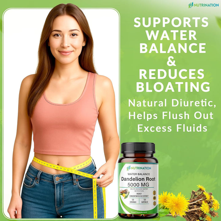 Water Retention Tablets - Dandelion Root Capsules 5000Mg | (4-Month Supply) 120 Vegan Capsules | High-Strength Herbal Supplement for Bloating, Detox & Fluid Balance | Non-Gmo & Lab-Tested