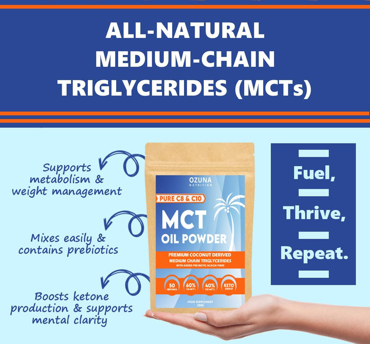 MCT Oil C8 & C10 Powder, Coconut Medium Chain Triglycerides for Sustained Clean Energy, Ketogenic Non Dairy Coffee Creamer, Suitable for Keto, Helps Boost Ketones | 50 Servings