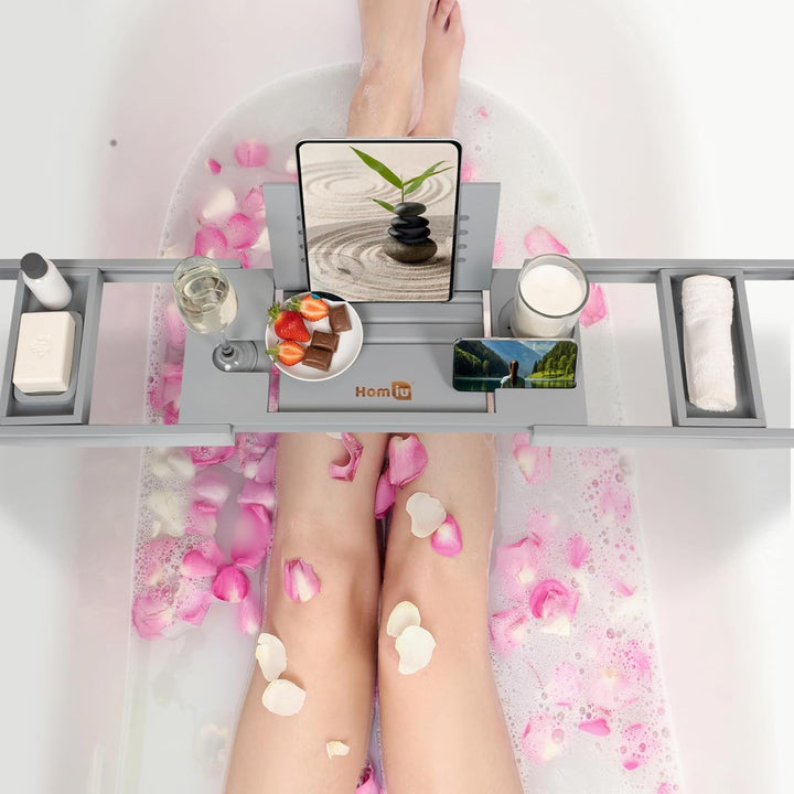 Bamboo Bath Tray - Extendable Bath Caddy - Natural Wooden Bathtub Tray with Candle, Wine Glass, Book Rest, Ipad & Phone Holder Stand - Luxury Bathtub Accessories - Bath Accessories (Grey)
