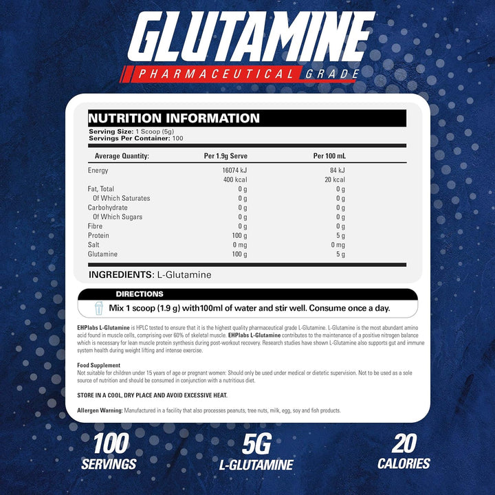 L Glutamine Powder Amino Acids - L-Glutamine Supplement for Gut Health (500G) Improves Muscle Recovery, Focus & Concentration - 100 Servings