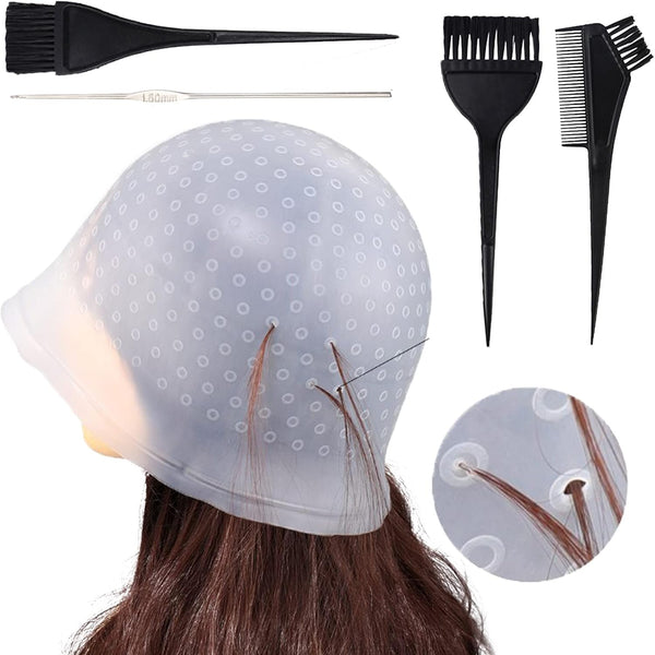Punched Hole Silicone Highlight Hair Cap with Hair Coloring Brushes and Needle,Highlighting Frosting Cap,Highlight Cap,Professional Salon Silicone Hairdressing Tools for Women Men