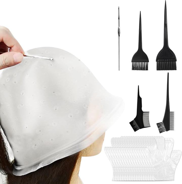 1 Pcs Silicone Pre-Punched Hair Highlighting Cap for Colouring and Streaking, with 5 Coloring Brushes and 1 Needle, for Salon Use.