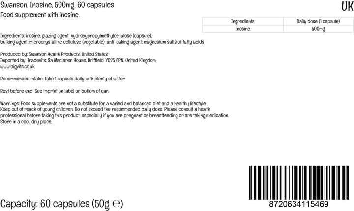 Inosine, 500Mg, 60 Vegan Capsules, High Strength, Vegetarian, Soy-Free, Gluten-Free, Non-Gmo